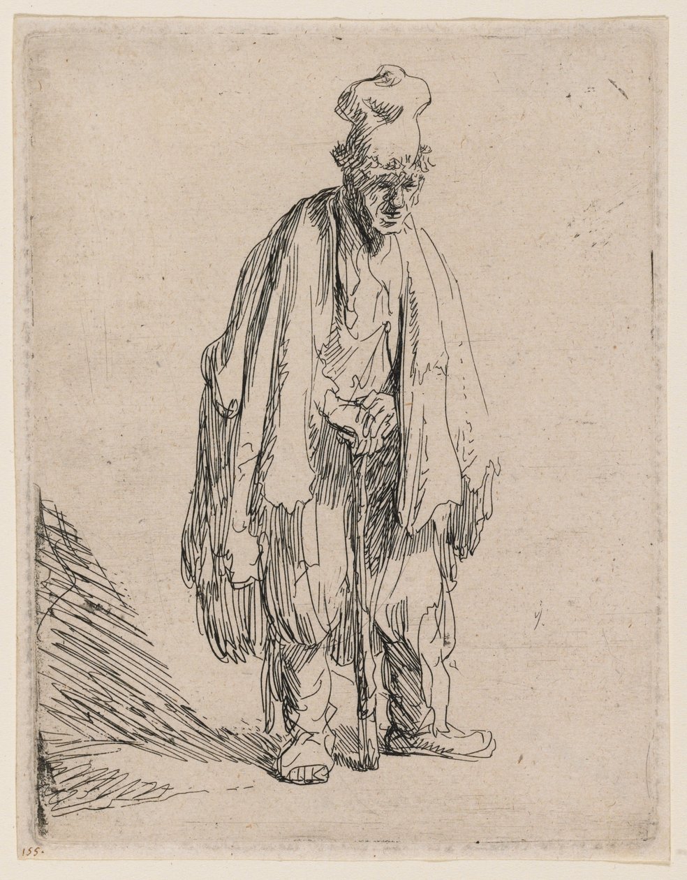 Bedelaar met een hoge pet, staand en leunend op een stok door Rembrandt van Rijn