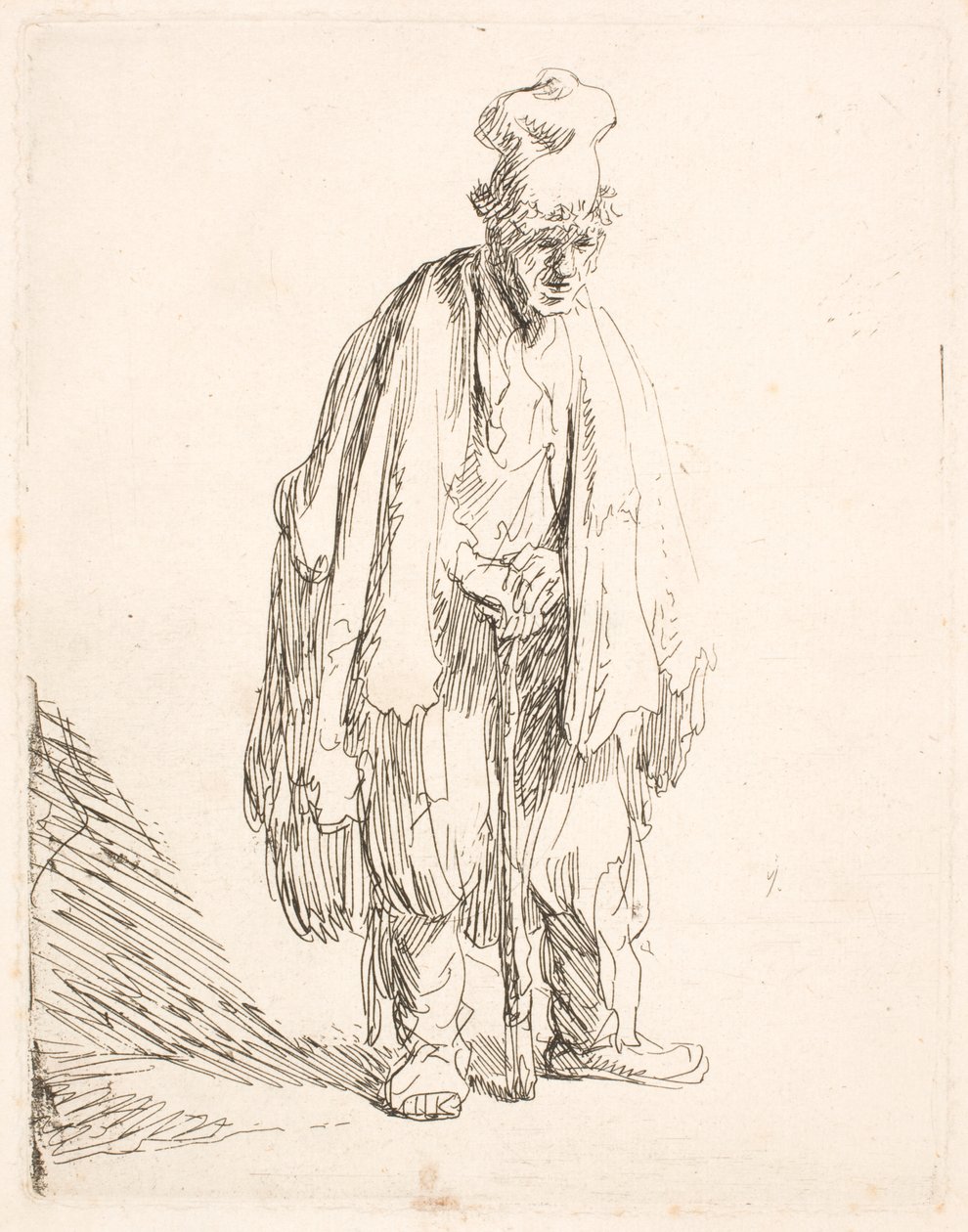 Een bedelaar met een hoge pet, die staat en op een stok leunt door Rembrandt van Rijn