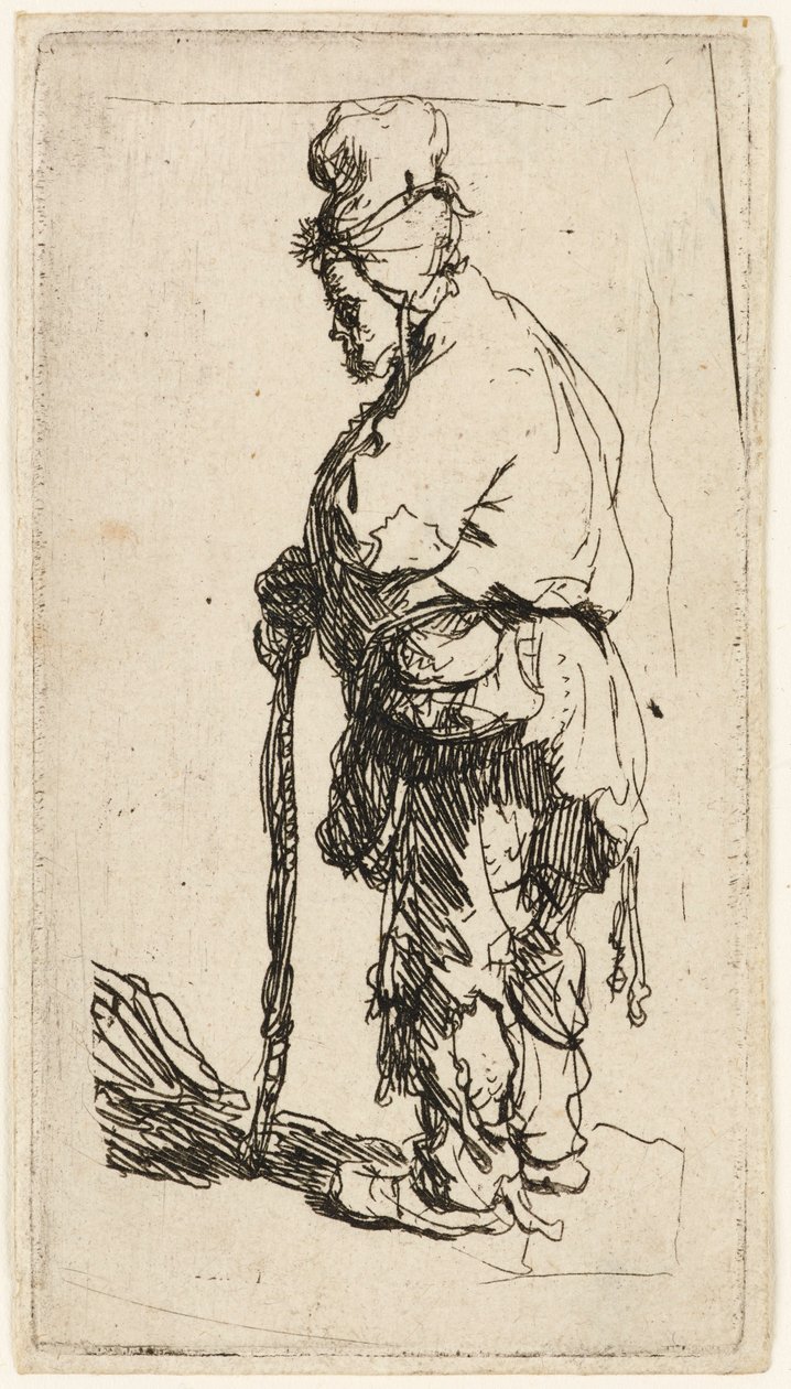 Bedelaar leunend op een stok door Rembrandt van Rijn