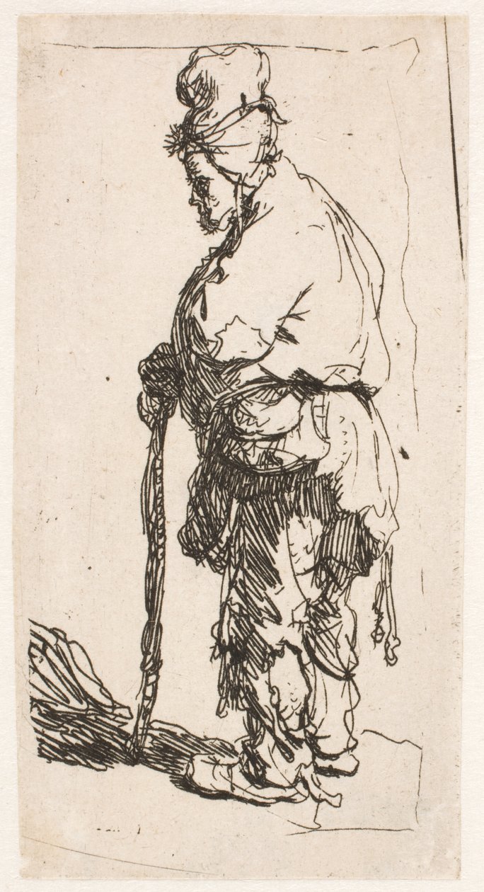Bedelaar die op een stok leunt, naar links kijkend door Rembrandt van Rijn