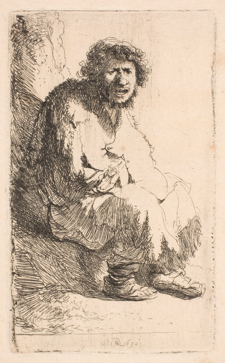 Bedelaar, zittend op een oeverbankje door Rembrandt van Rijn