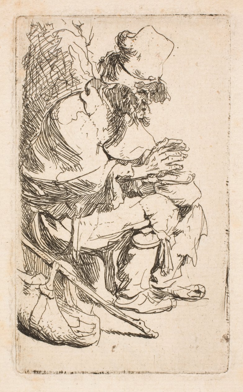Een bedelaar zit zijn handen te warmen aan een warmhoudpan door Rembrandt van Rijn
