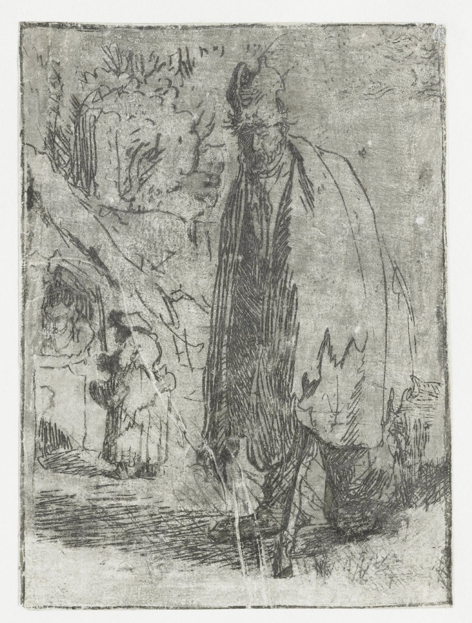 Bedelaar met een huisje en twee figuren op de achtergrond door Rembrandt van Rijn