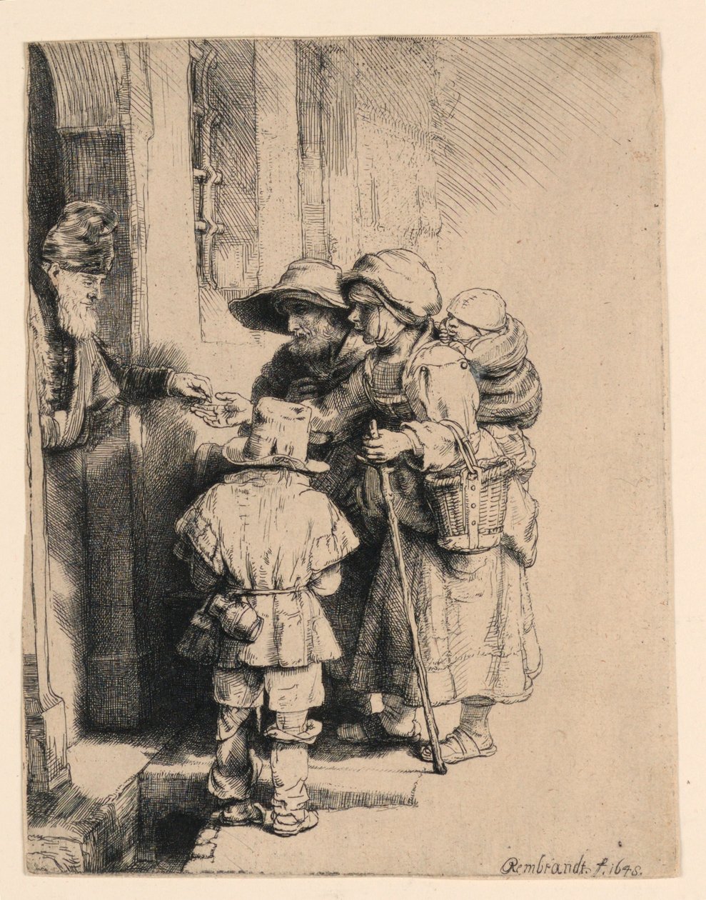 Bedelaars ontvangen aalmoezen aan de deur van een huis door Rembrandt van Rijn