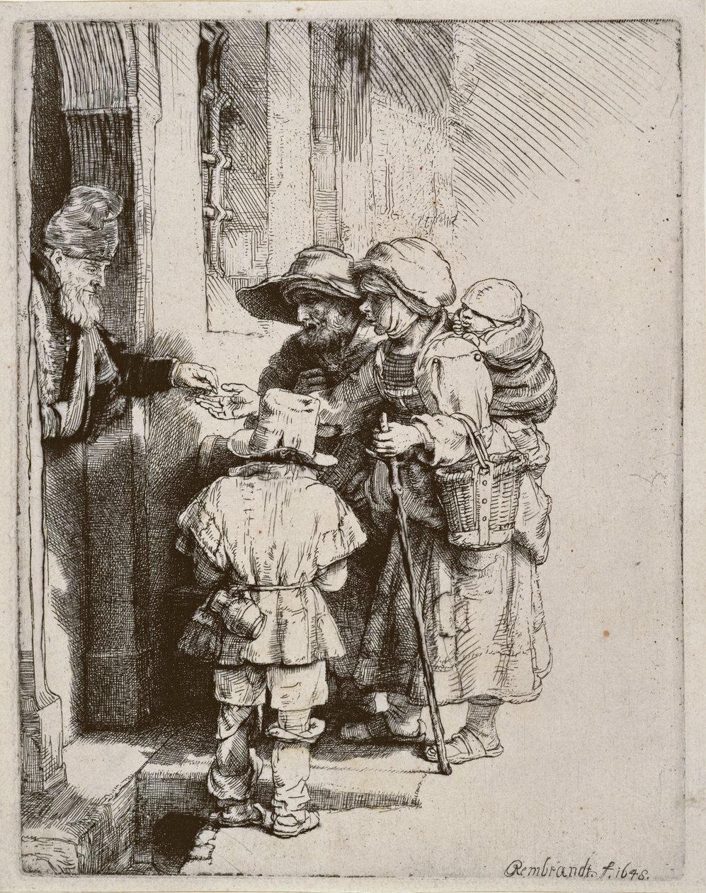 Bedelaars ontvangen aalmoezen aan de deur van een huis, 1648 door Rembrandt van Rijn