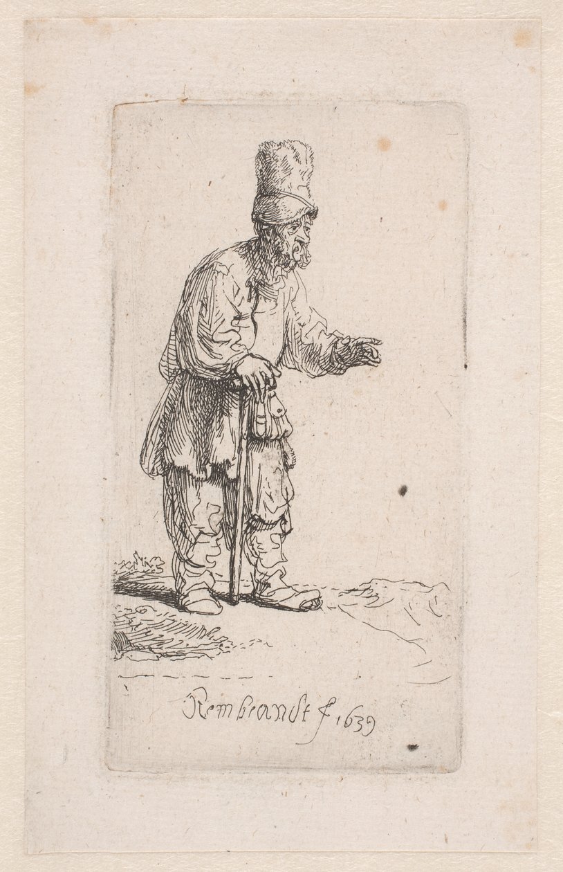 Boer leunend op een stok door Rembrandt van Rijn