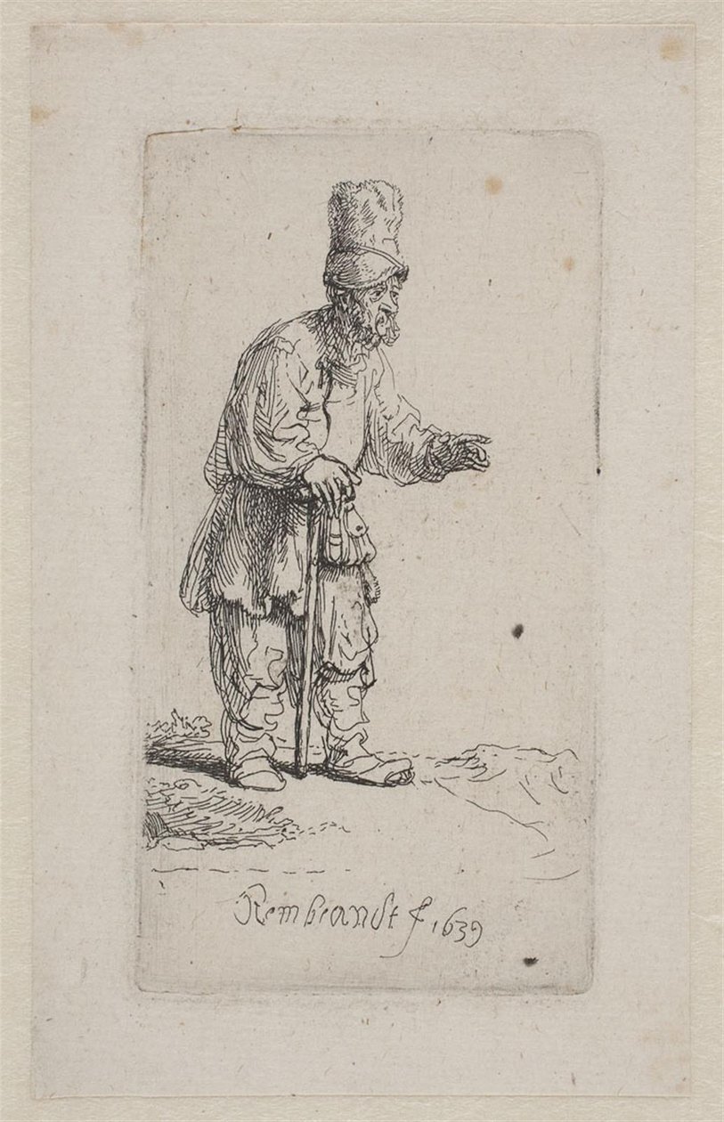 Boer leunend op een stok door Rembrandt van Rijn