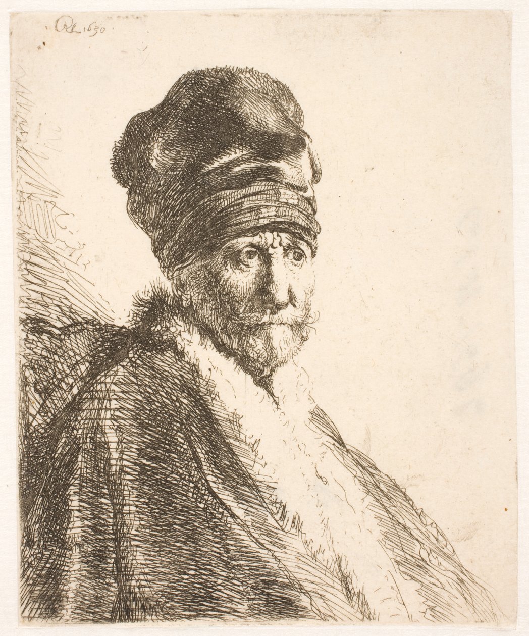 Buste van een man (Rembrandts vader) met een hoge muts, driekwartprofiel door Rembrandt van Rijn