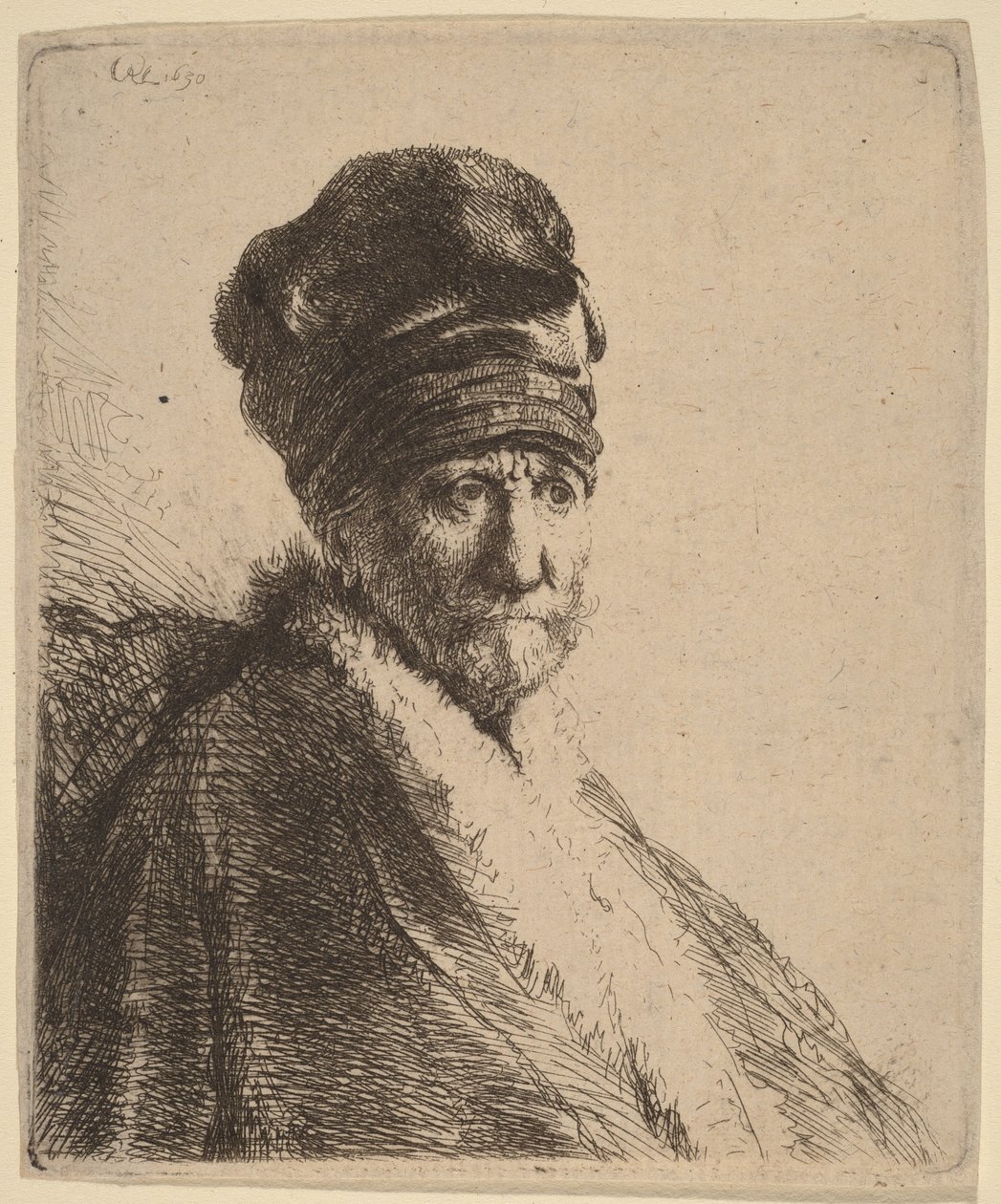 Buste van een man met een hoge pet, driekwartprofiel naar rechts (de vader van de kunstenaar) door Rembrandt van Rijn