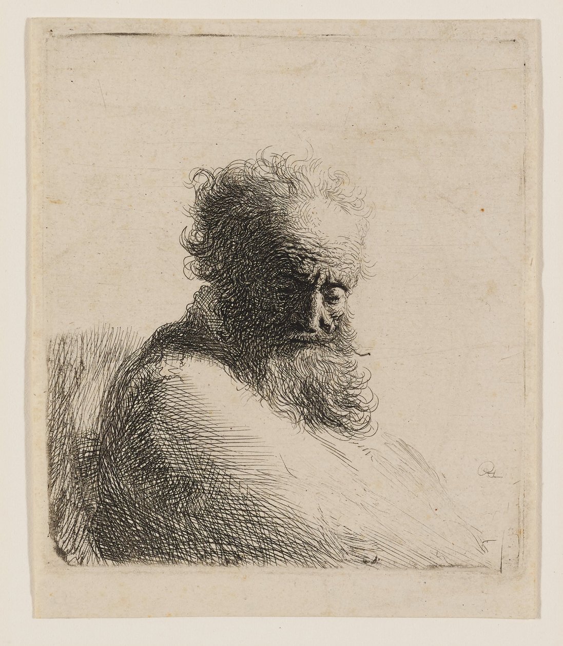 Buste van een oude, bebaarde man die naar beneden kijkt, driekwartprofiel naar rechts door Rembrandt van Rijn
