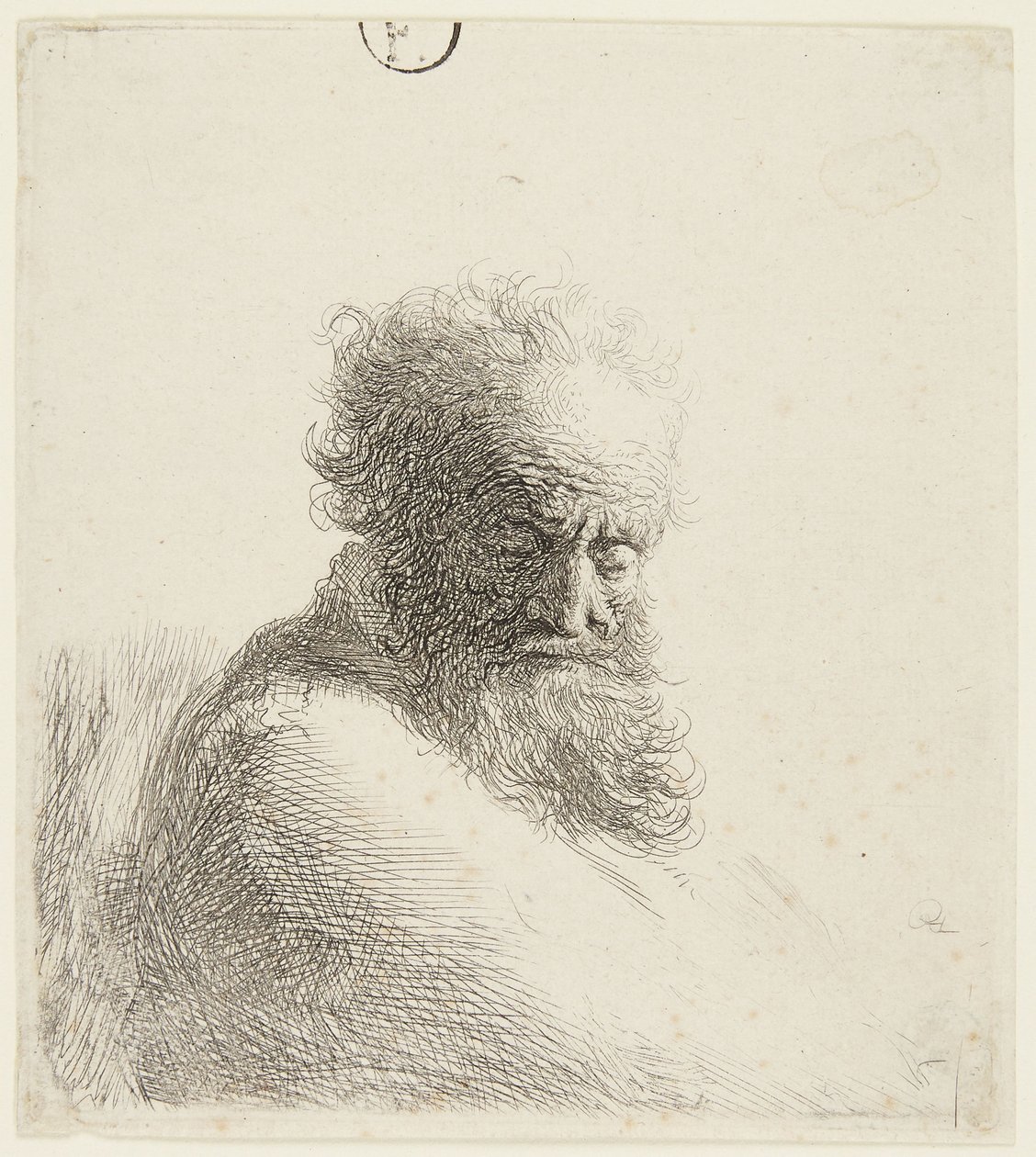Buste van een oude man, naar beneden kijkend, driekwartprofiel naar rechts door Rembrandt van Rijn