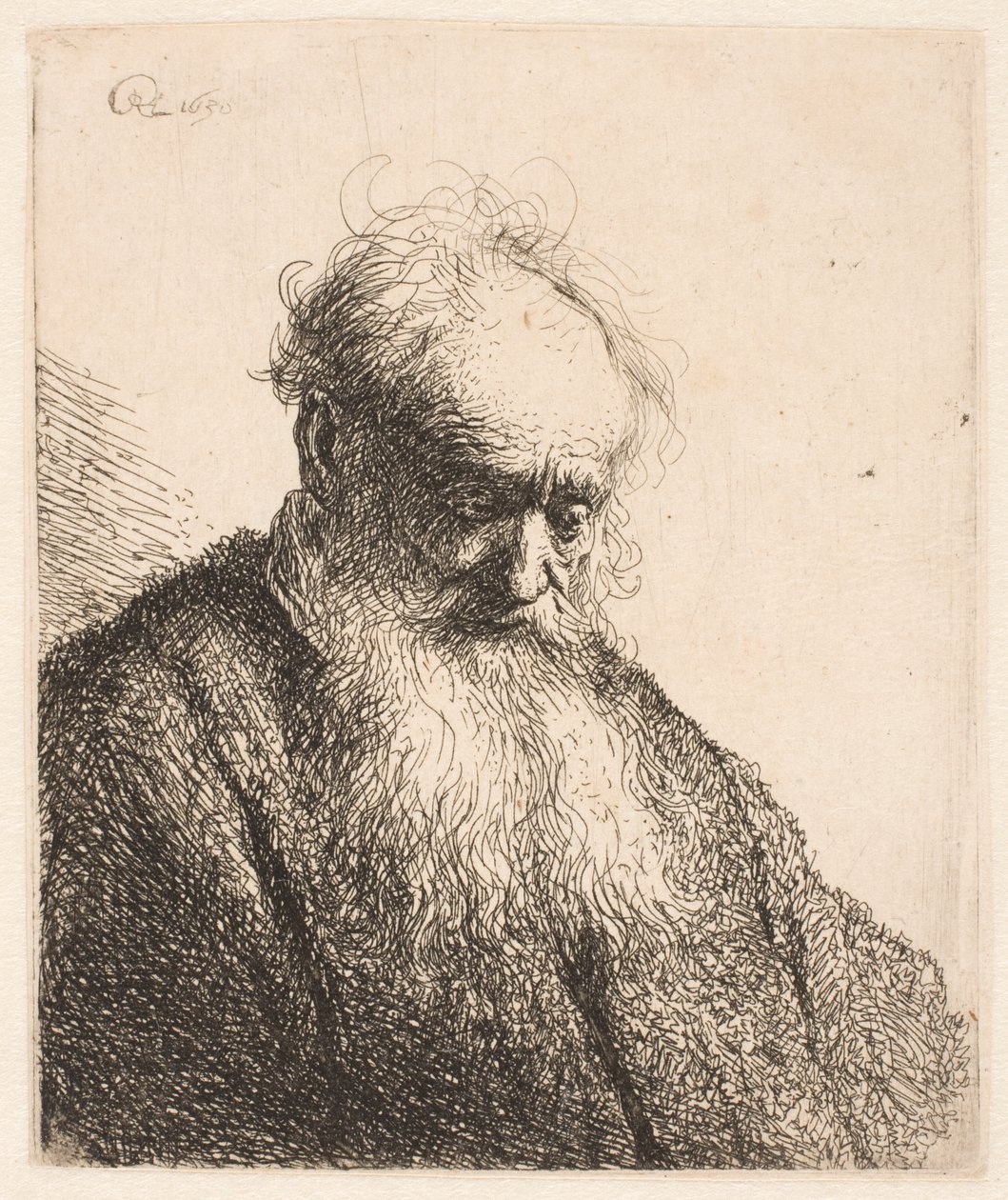 Buste van een oude man met een golvende baard: het hoofd is driekwart naar rechts gekanteld door Rembrandt van Rijn