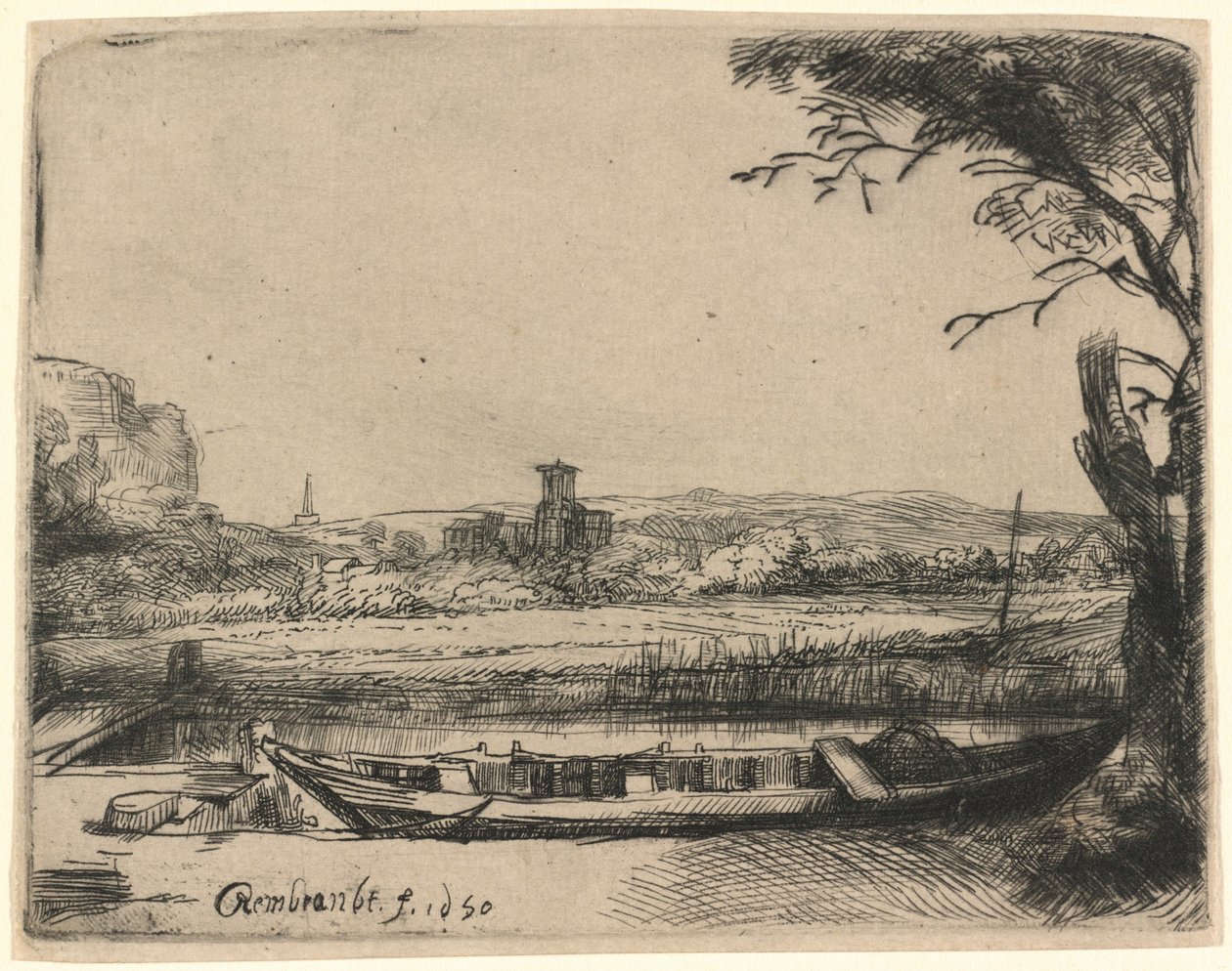 Kanaal met een grote boot en een brug door Rembrandt van Rijn
