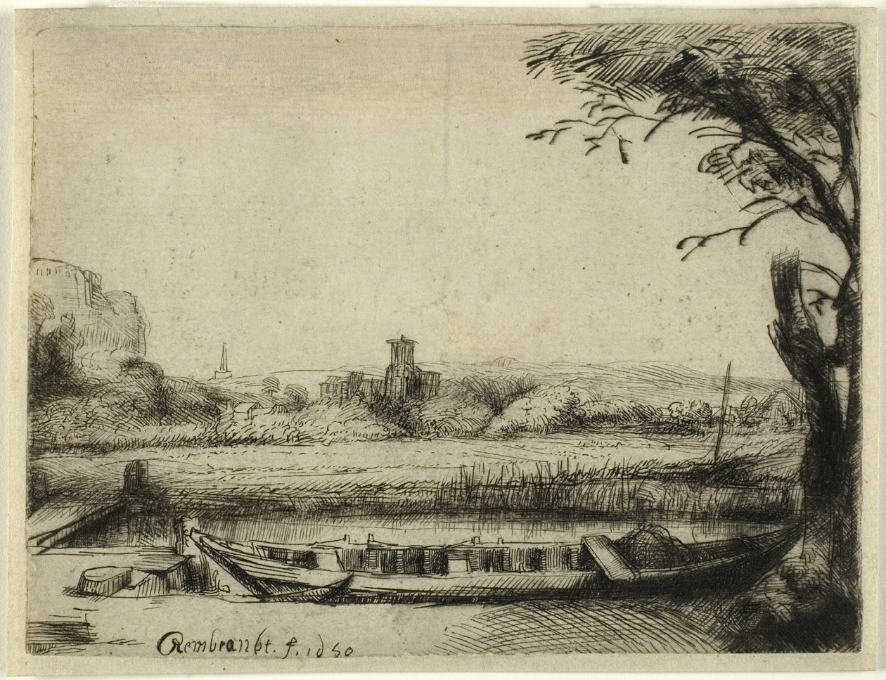 Kanaal met een grote boot en een brug door Rembrandt van Rijn