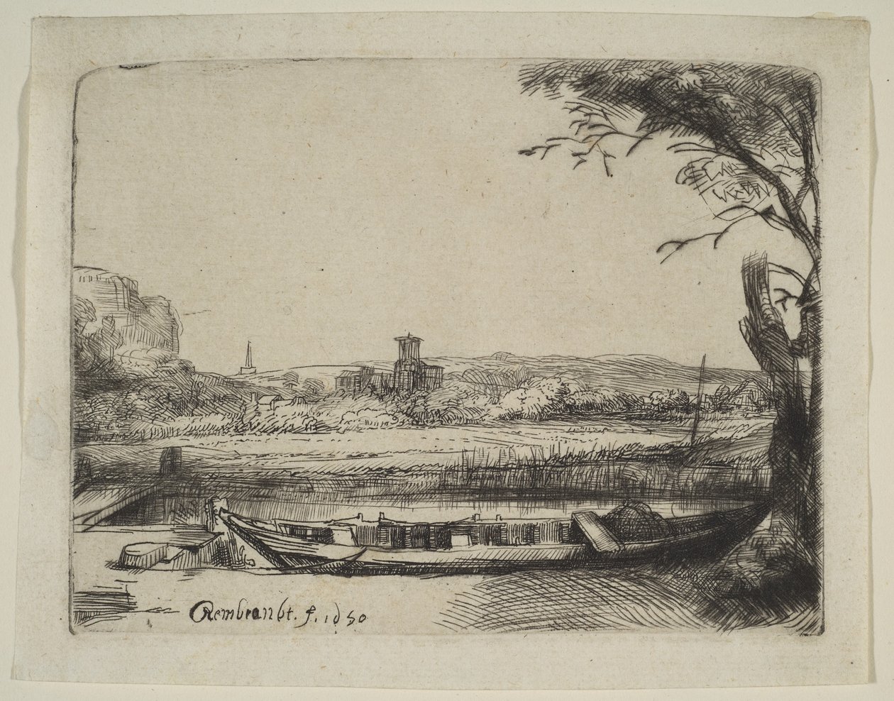 Kanaal met een Grote Boot en een Brug door Rembrandt van Rijn