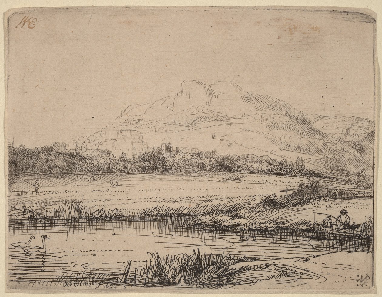 Kanaal met een visser en twee zwanen door Rembrandt van Rijn