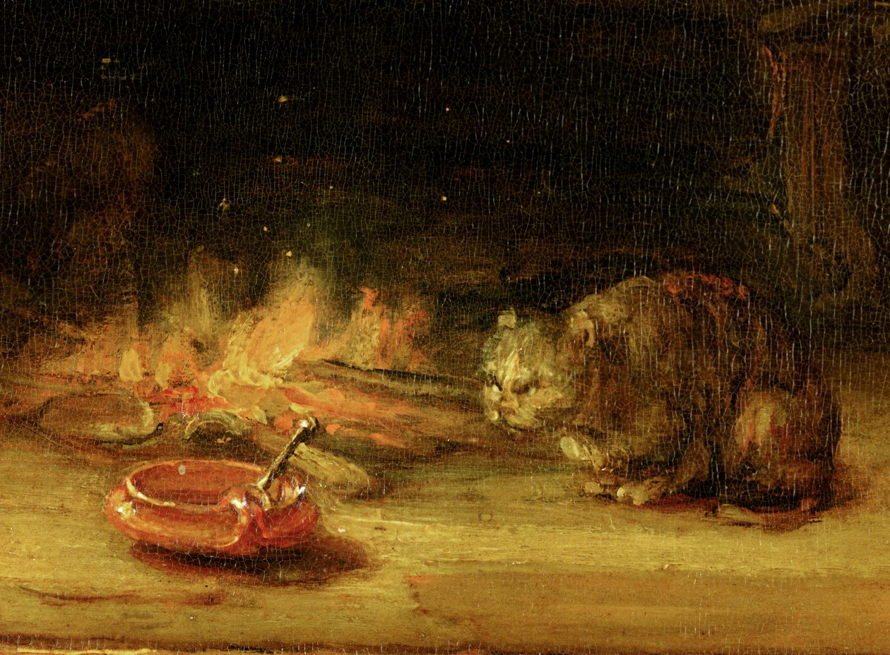 Kat, detail van Heilige Familie met een gordijn (detail) door Rembrandt van Rijn