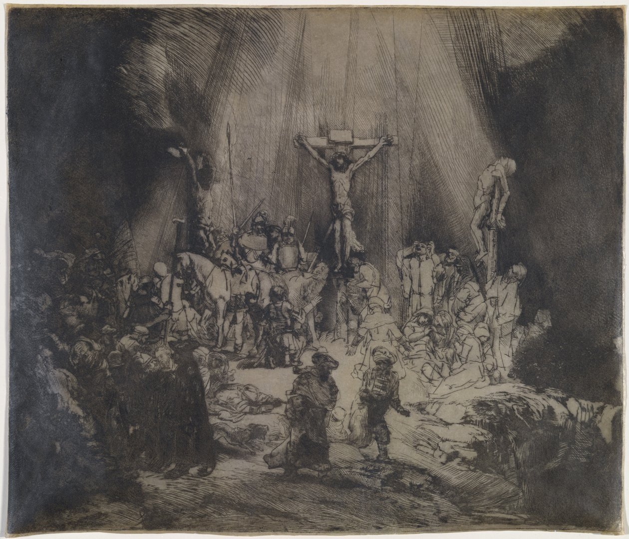 Christus gekruisigd tussen de twee dieven (De drie kruisen) door Rembrandt van Rijn