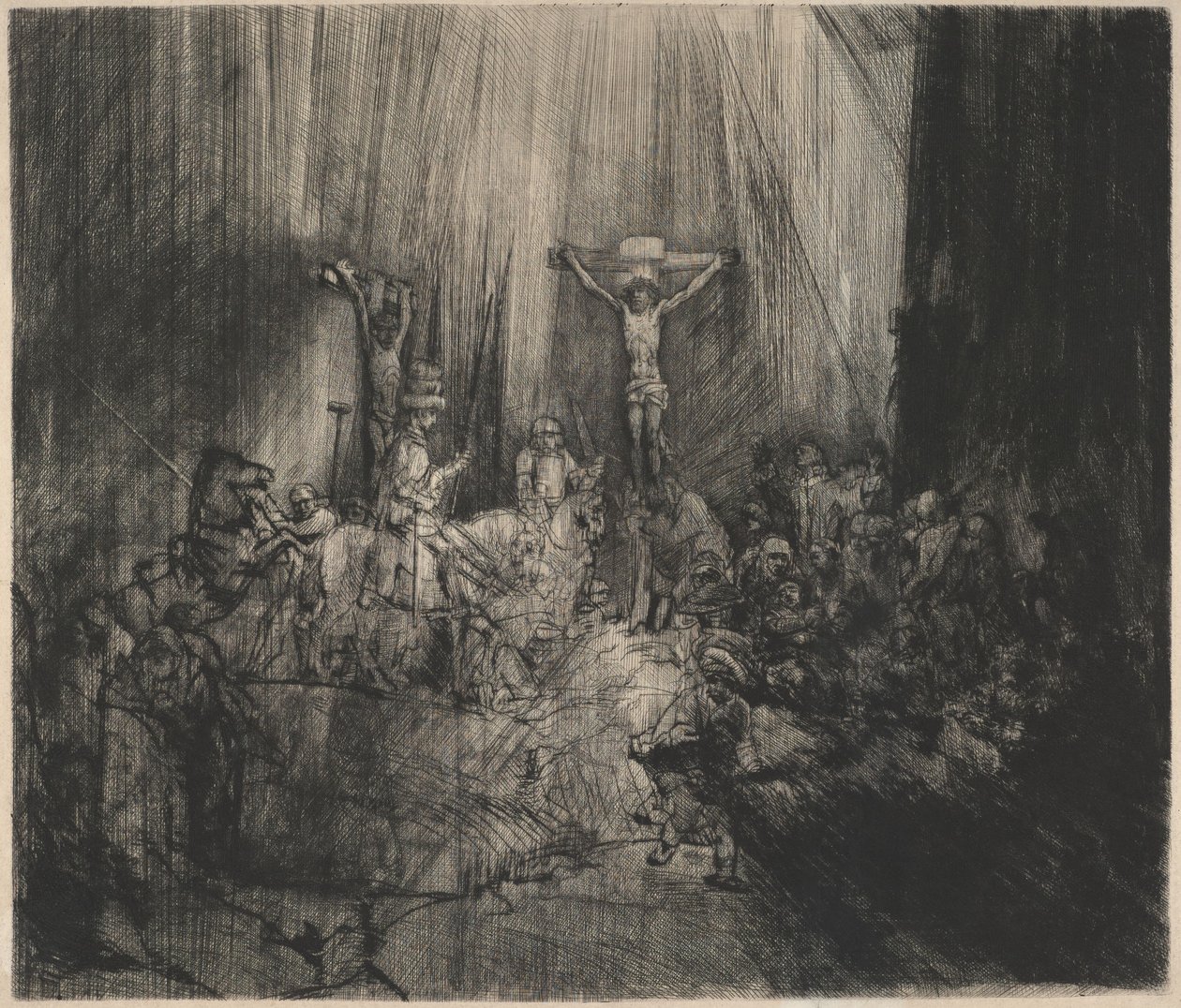 De gekruisigde Christus tussen de twee dieven (De drie kruisen) door Rembrandt van Rijn