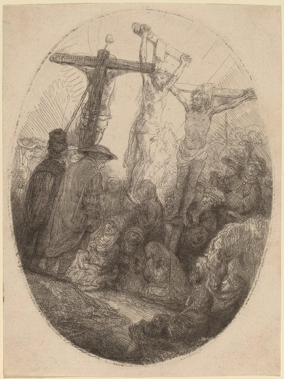 Christus Gekruisigd tussen de Twee Dieven: een Ovale Plaat door Rembrandt van Rijn