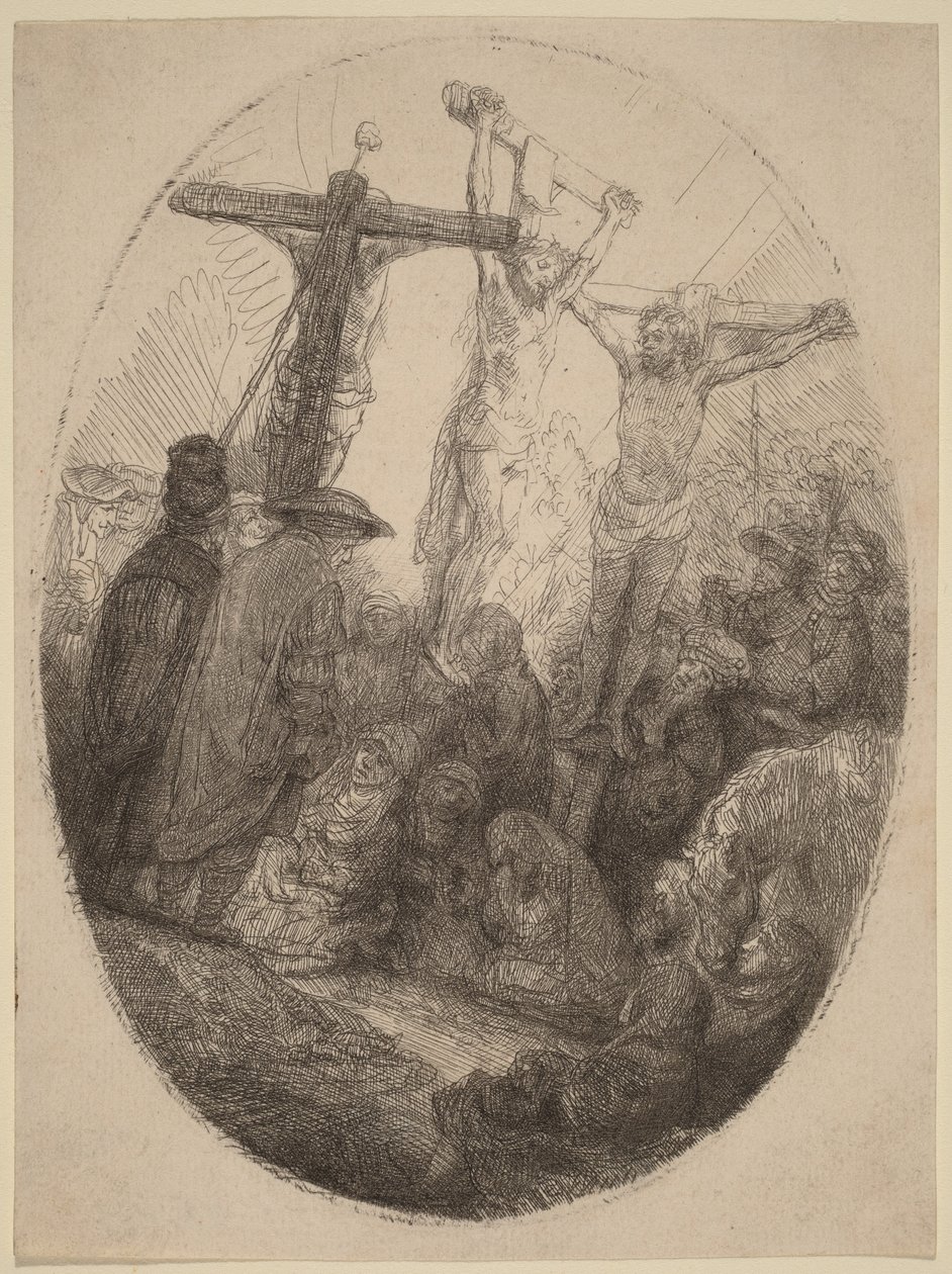 De gekruisigde Christus tussen de twee dieven: een ovale plaat door Rembrandt van Rijn