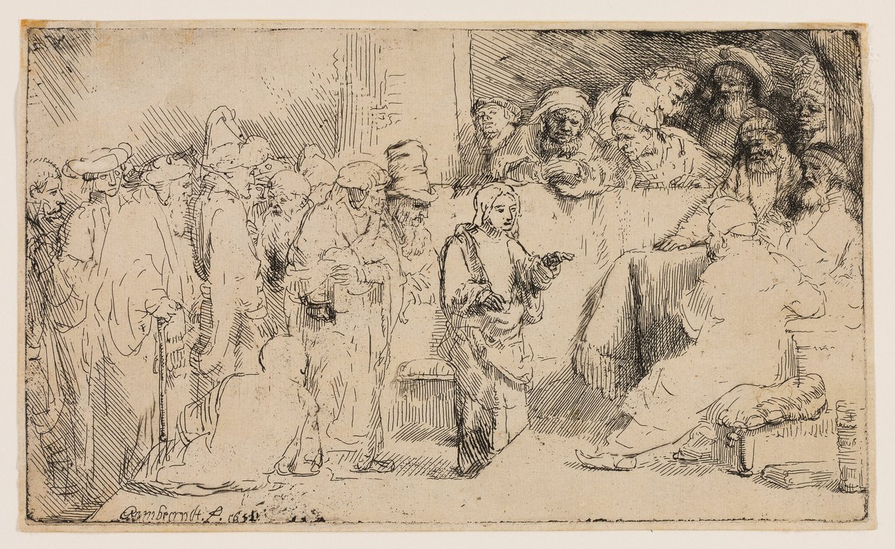 Christus in discussie met de dokters: een schets door Rembrandt van Rijn