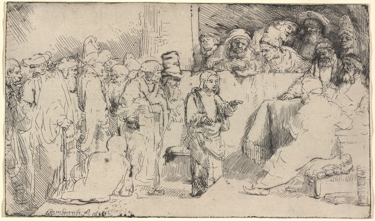 Christus in discussie met de dokters: een schets door Rembrandt van Rijn