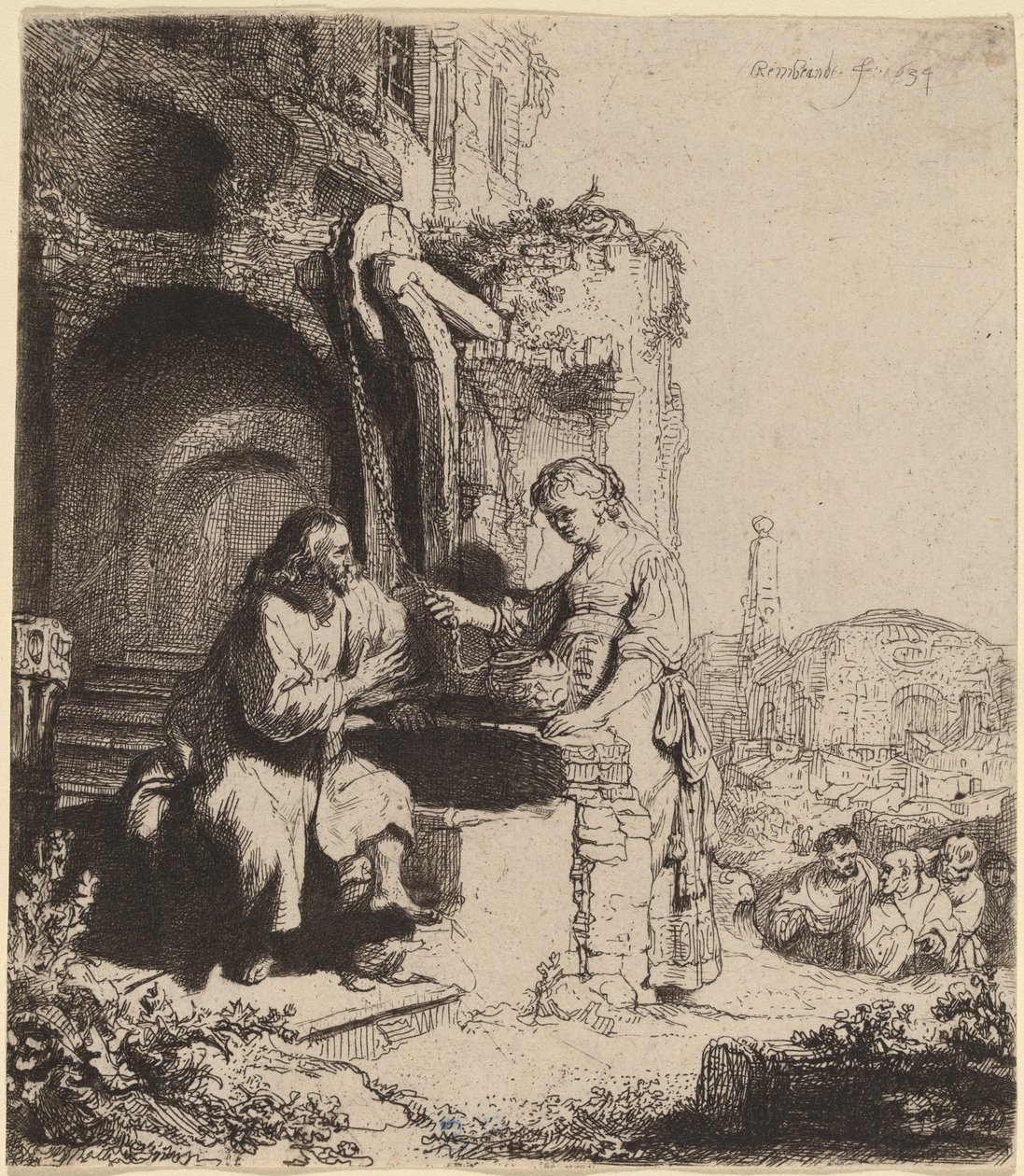 Christus en de Vrouw van Samaria tussen Ruïnes door Rembrandt van Rijn