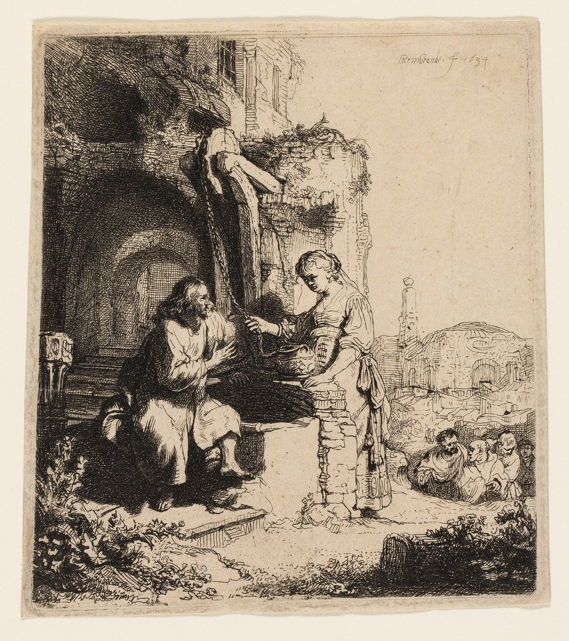 Christus en de vrouw van Samaria tussen ruïnes door Rembrandt van Rijn