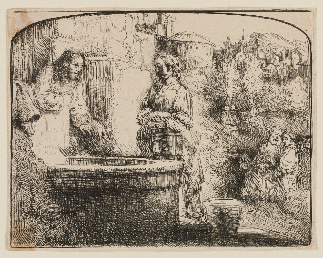 Christus en de Vrouw van Samaria: Een Gebogen Afdruk door Rembrandt van Rijn