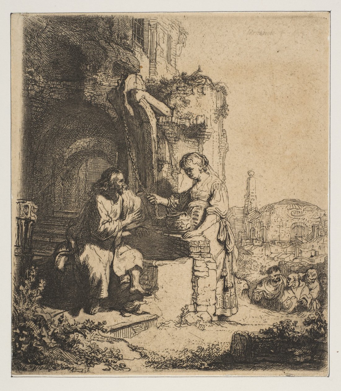 Christus en de Samaritaanse vrouw tussen ruïnes door Rembrandt van Rijn