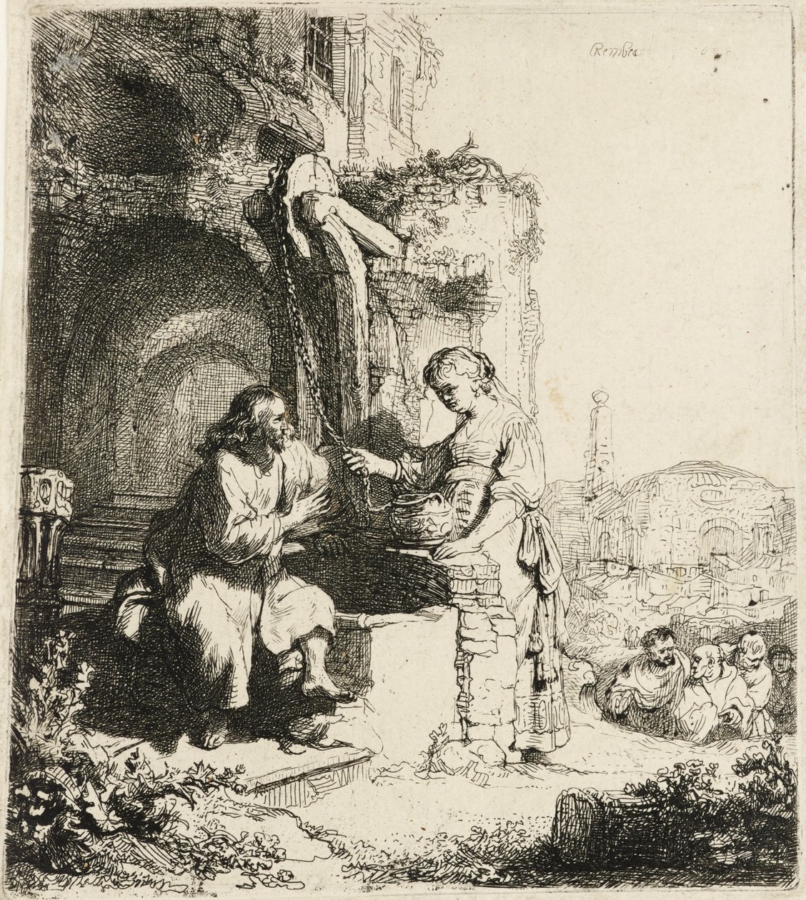 Christus en de Vrouw van Samaria tussen Ruïnes [Johannes 4:5-20], 1634 door Rembrandt van Rijn