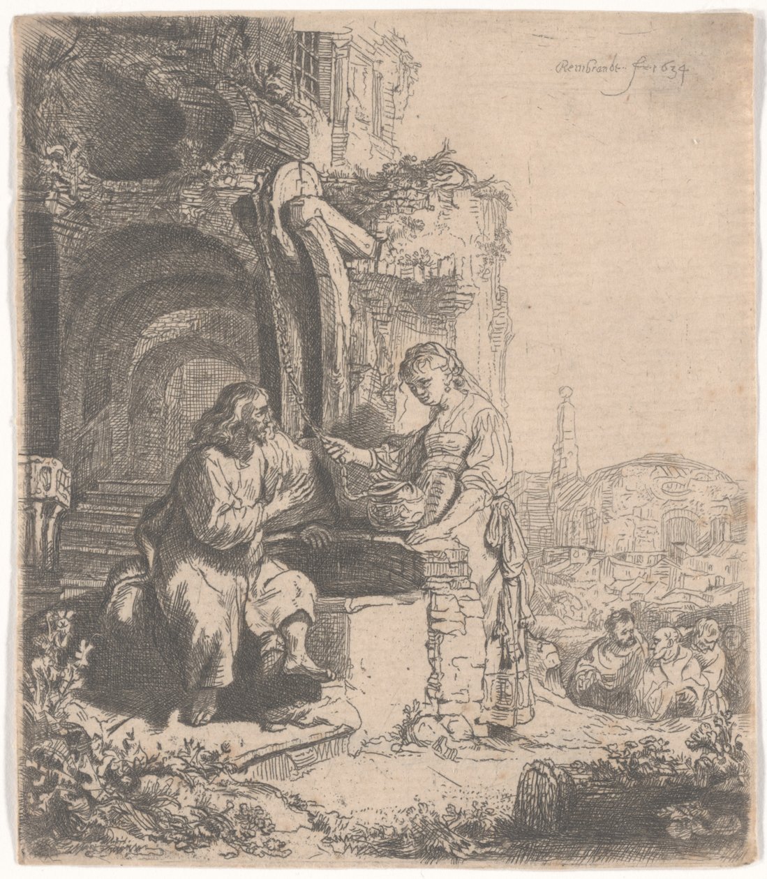 Christus en de vrouw van Samaria tussen ruïnes, 1634 door Rembrandt van Rijn