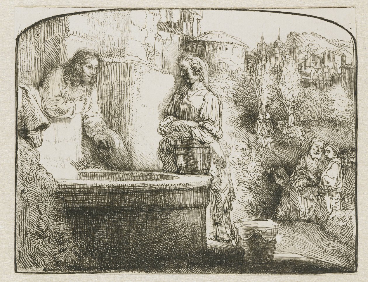 Christus en de vrouw van Samaria: een gebogen prent door Rembrandt van Rijn
