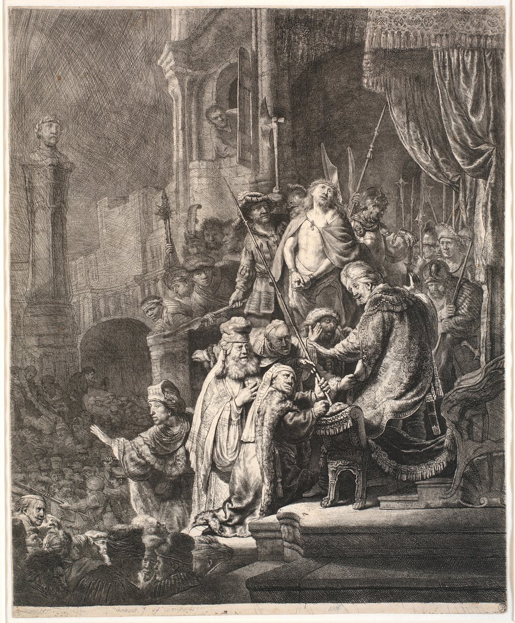 Jezus voor Pilatus: grote plaat door Rembrandt van Rijn