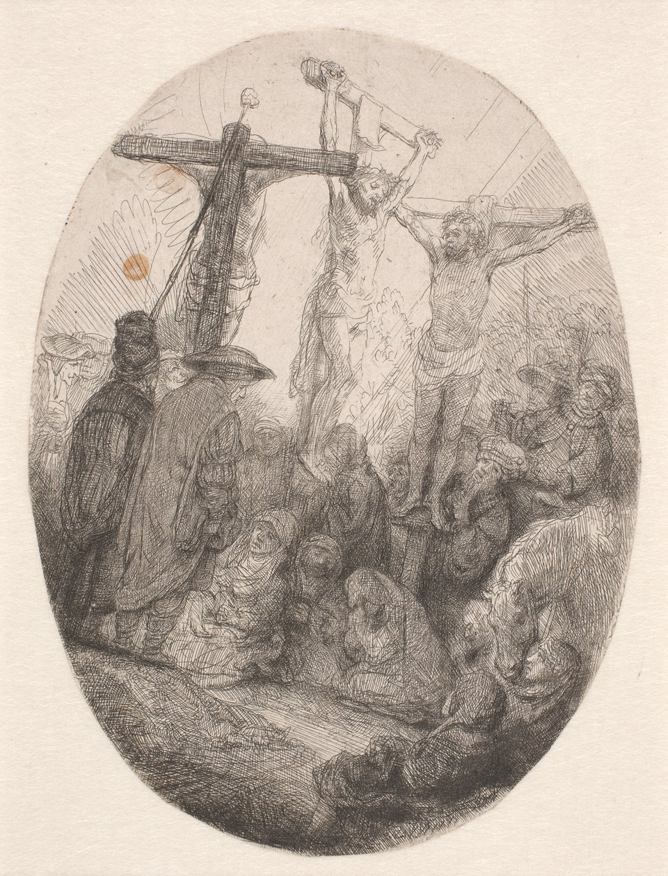 Christus gekruisigd tussen de twee dieven: een ovale plaat door Rembrandt van Rijn