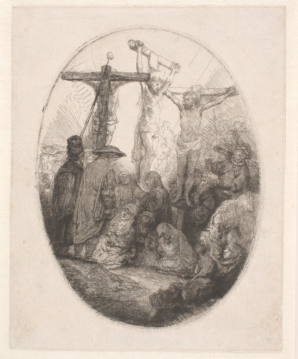 Christus gekruisigd tussen de twee dieven: een ovale plaat door Rembrandt van Rijn