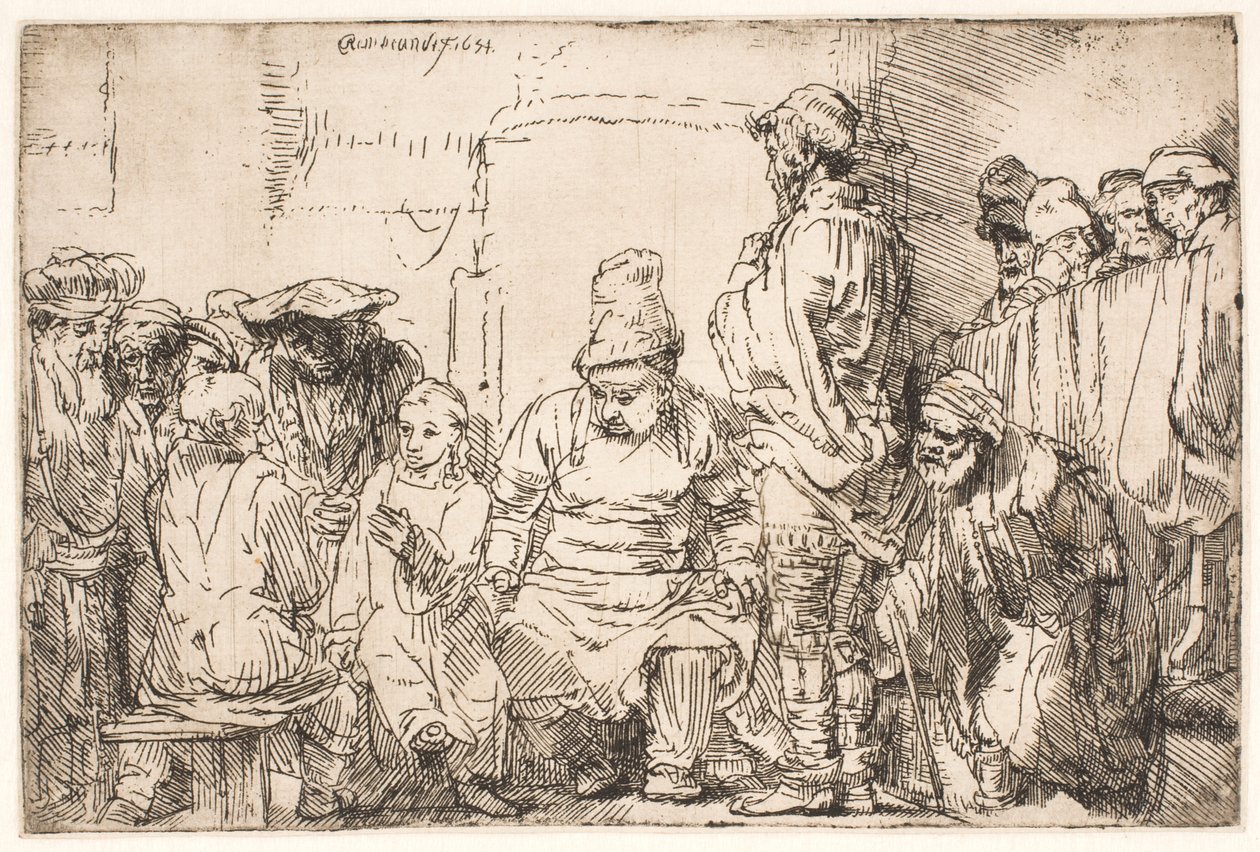 Christus, zittend in discussie met de schriftgeleerden door Rembrandt van Rijn