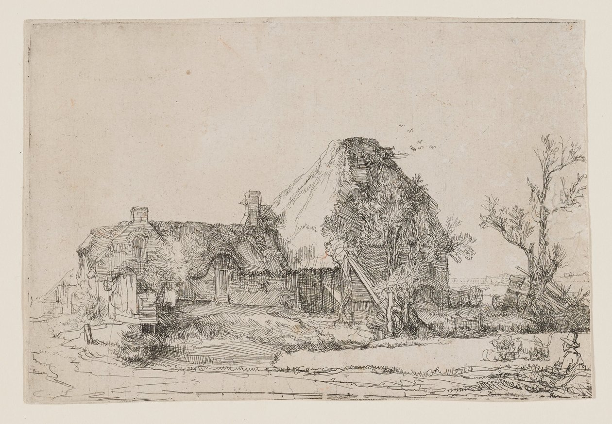 Boerderijhuisje en boerderijgebouwen met een man die aan het schetsen is door Rembrandt van Rijn