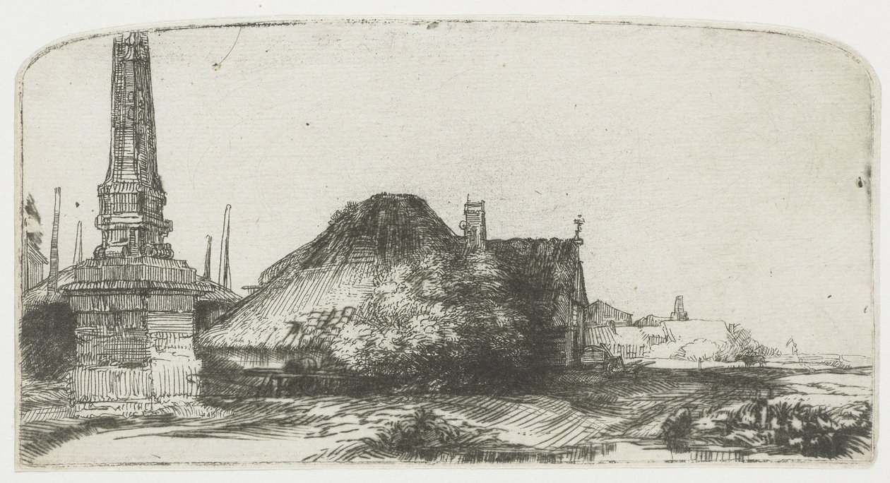 Huisje en grenspaal op de Spaarndammerdijk (‘L’Obelisque’) door Rembrandt van Rijn
