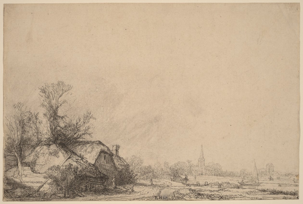 Huisje aan een kanaal door Rembrandt van Rijn