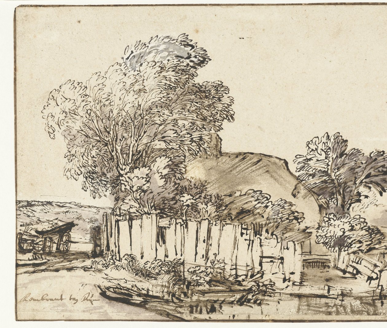 Huisje met Witte Omheining tussen Bomen door Rembrandt van Rijn