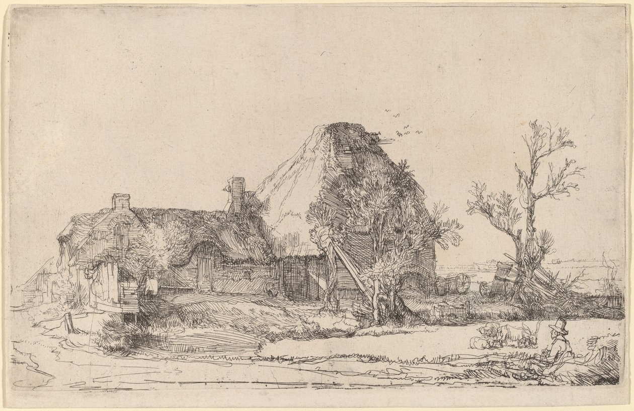 Huisjes en boerderijgebouwen met een man die schetst door Rembrandt van Rijn