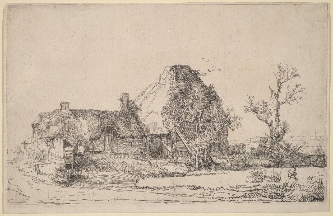 Vakantiehuisjes en boerderijgebouwen met een man die aan het schetsen is door Rembrandt van Rijn