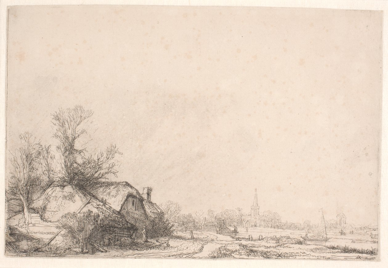 Vakantiehuisjes aan een kanaal: met een kerk en een zeilboot door Rembrandt van Rijn