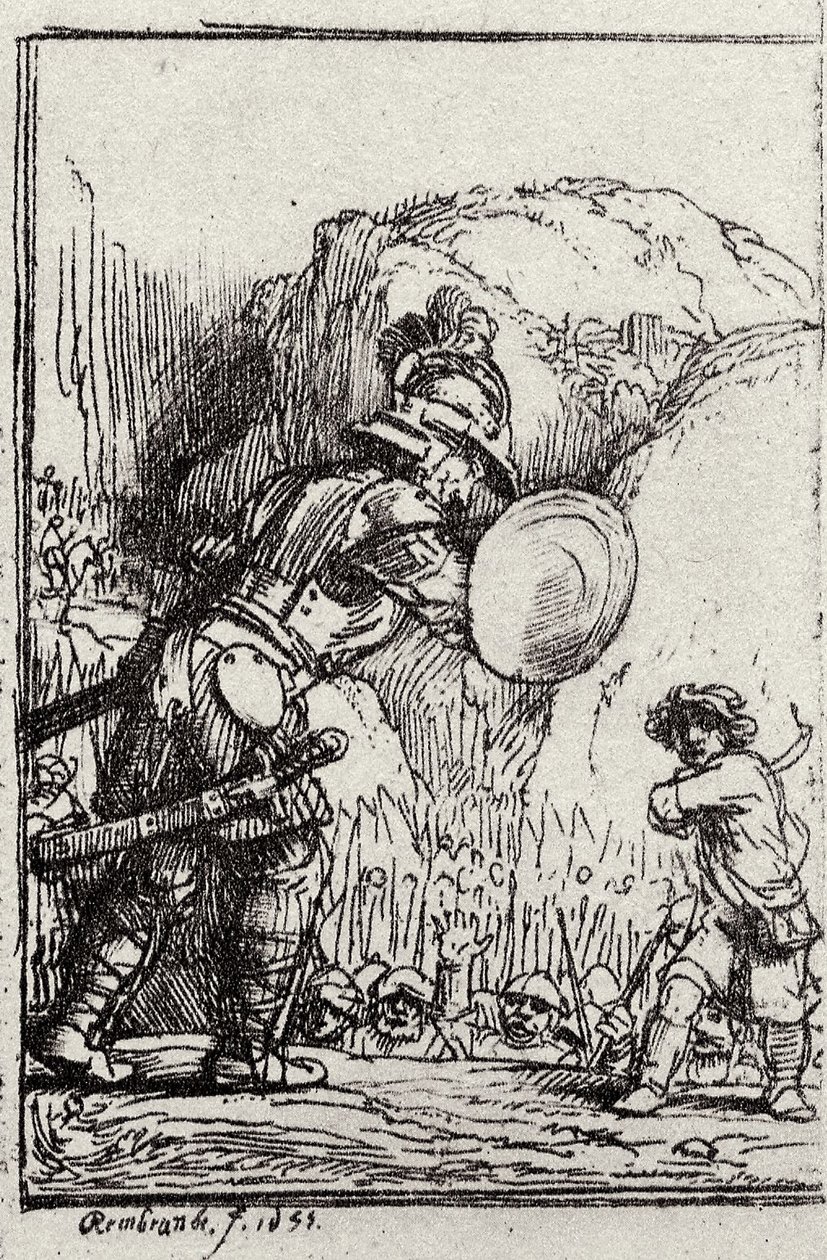 David en Goliath. Illustratie voor Piedra gloriosa door Menasseh ben Israel door Rembrandt van Rijn