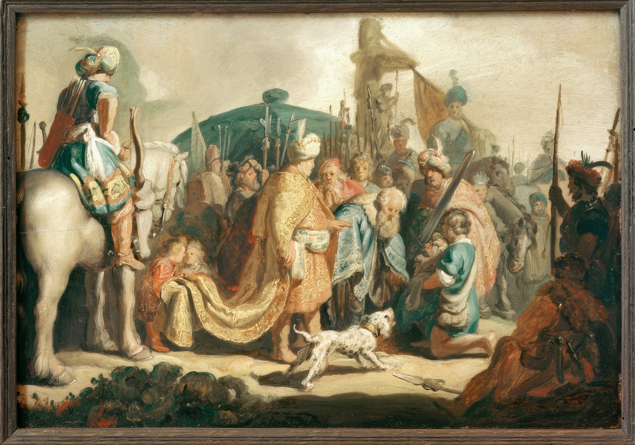 David knielt met het hoofd van Goliath voor Saul door Rembrandt van Rijn
