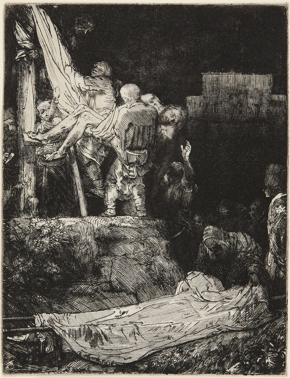 De afneming van het kruis bij fakkellicht door Rembrandt van Rijn
