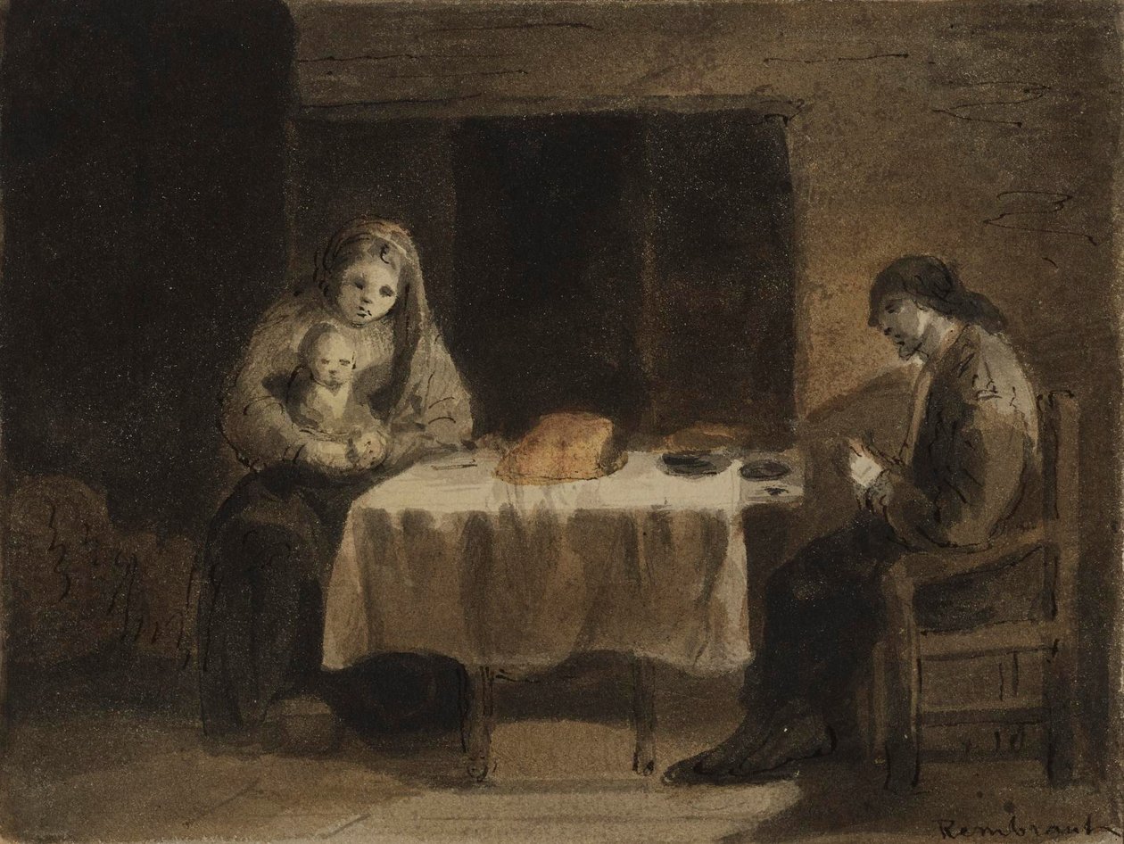 Familie aan tafel door Rembrandt van Rijn