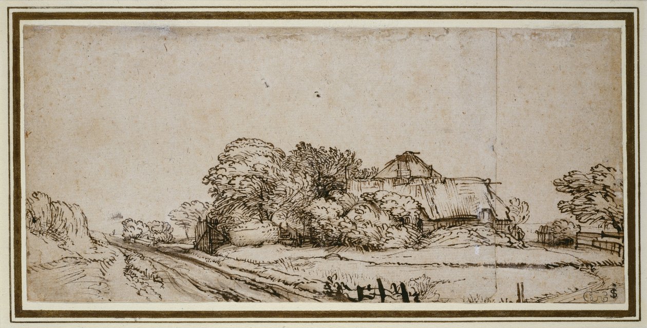 Boerderijgebouwen naast een weg door Rembrandt van Rijn